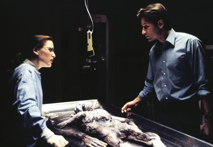 Die studierte Medizinerin Scully (Gillian Anderson, l.) glaubt nur an wissenschaftliche Beweise. Mulder (David Duchovny, r.) aber ist der festen Überzeugung, dass die vier vor ihrem Tod von Außerirdischen entführt wurden. © 1993 Twentieth Century Fox Film Corporation. All rights reserved.